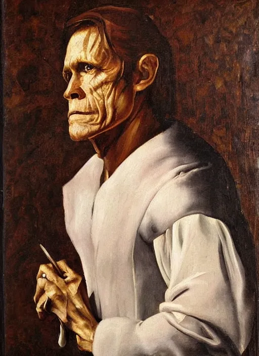 Image similar to regal painting of willem dafoe, renaissance oil painting, studious