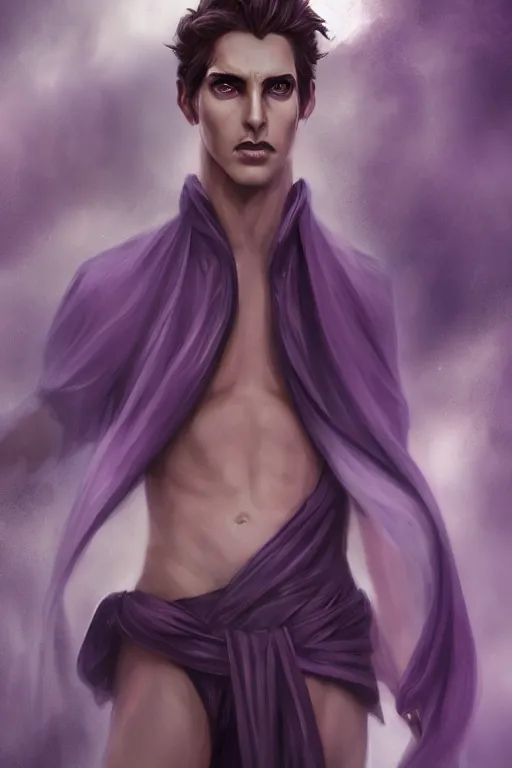 Image similar to young male djinn man demon hybrid, portrait, concept art, purple cloak, single face, illustration, costume design, white spiral horns, editorial photo, fashion, hyperrealism, realism, trending on artstation, Charlie Bowater, WLOP