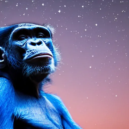 Prompt: a blue chimp is laying on his back, looking at the stars, 4 k, photo, beautiful