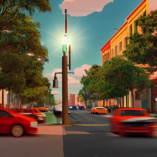 Prompt: a Tallahassee city street with a traffic light and buildings in the background, a digital rendering by Elbridge Ayer Burbank, featured on flickr, american scene painting, anamorphic lens flare, streetscape, synthwave