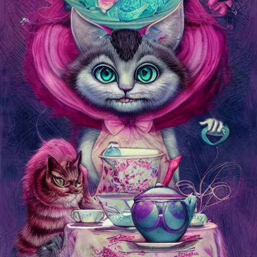 Image similar to the cheshire cat from alice in wonderland having a tea party by anna dittmann, highly detailed, bright tones