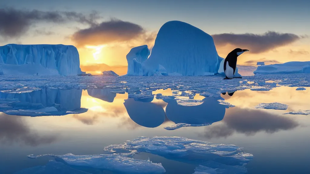 Prompt: photo of the most beautiful panoramic landscape, where a giant iceberg is lost in middle of the artic ocean, a giant penguin is exhaling steam while walking over the iceberg, there is nothing else, the artic ocean is reflecting the giant penguin over the iceberg and the ray lights of the sunset are brightening him, award winning photo, minimal style, by frans lanting