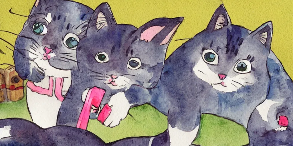 Prompt: watercolor illustration style, cute! cats! training in the fitness studio