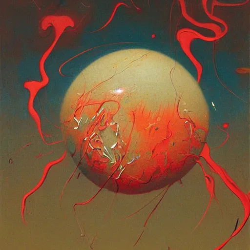 Image similar to a sphere being devoured by abstract splatters of paint in the style of francis bacon, venus being engulfed in flames in the style of james jean, surreal, beksinski, high detailed