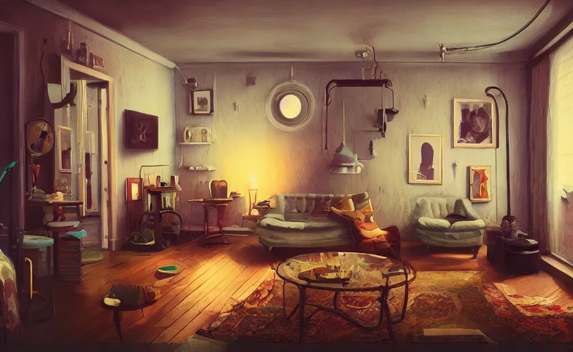 Image similar to Interior shot of a victorian cozy studio apartment by Petros Afshar and Beeple, James Gilleard, Mark Ryden, Wolfgang Lettl highly detailed