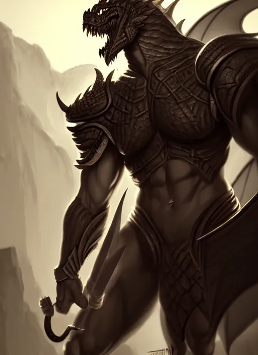 Image similar to muscular and tall dnd male dragonborn!!!! draconian!! character concept art, sharp focus, octane render! unreal engine 5! highly rendered!! trending on artstation!! detailed linework!! illustration by artgerm, wlop, and chie yoshii