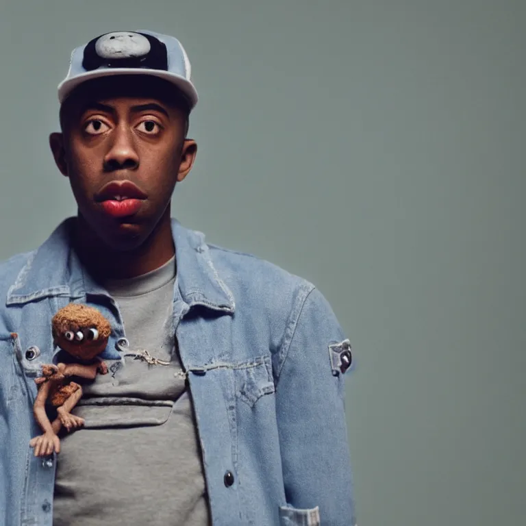 Image similar to a cinematic film still of a claymation stop motion film starring tyler the creator, shallow depth of field, 8 0 mm, f 1. 8