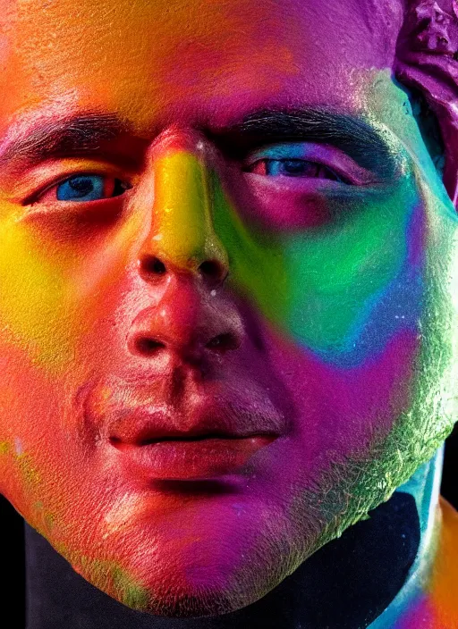 Prompt: a photorealistic portrait of a man made of rainbow wax that is melting subsurface scattering