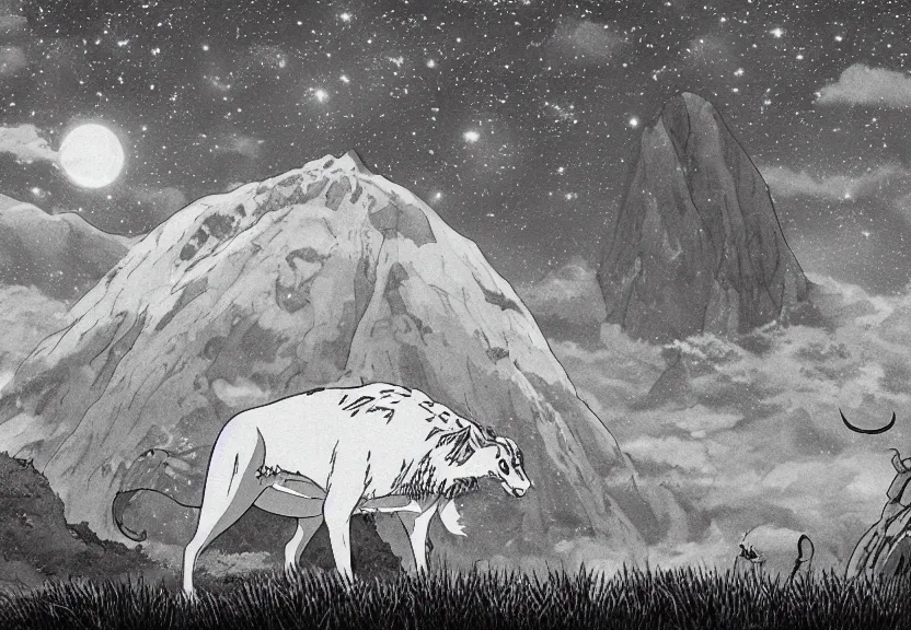Image similar to a cell - shaded cartoon from princess mononoke ( 1 9 9 7 ) showing a huge giant grey monster. in the background is machu pichu on a misty and starry night. very dull muted colors, hd, 4 k, hq