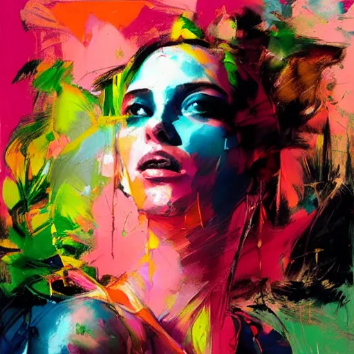 Prompt: portrait of a beautiful girl dancing, ecstatic, ibiza rave, bright vibrant colors, shades of pink, by by greg rutkowski, by jeremy mann, by francoise nielly