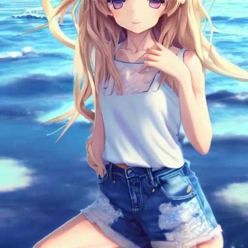 Image similar to a very beautiful anime girl, full body, long wavy blond hair, sky blue eyes, full round face, short smile, cute top, short jeans, summer lake setting, cinematic lightning, medium shot, mid-shot, highly detailed, trending on Artstation, Unreal Engine 4k, cinematic wallpaper by Stanley Artgerm Lau, WLOP, Rossdraws, and Sakimichan