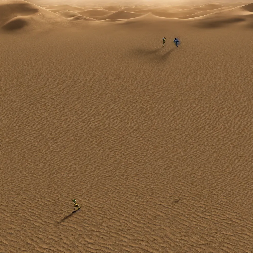 Prompt: https://s.mj.run/syHUBvfwwwI [david and goliath in green armor] [clash on a battlefield], [desert dunes], wide angle shot, depth of field, ultra-high details, artstation trending, octane render, unreal engine, 8k, photography