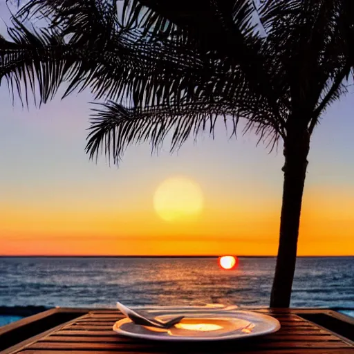 Prompt: photo of a white dish over a table with a sunset on the beach in the background