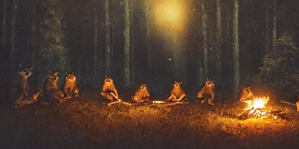 Image similar to A majestic night in the forest. A small group of racoons is sitting next to a campfire. Cinematic, very beautiful, painting in the style of Lord of the rings