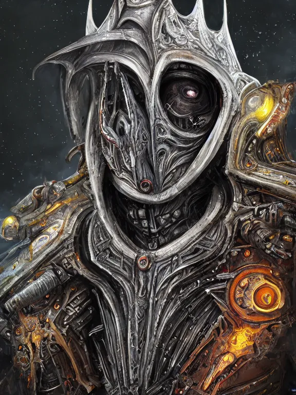 Prompt: portrait art of 8k ultra realistic undead Sauron, intricate high tech helmet , detailed intricate ornate space suit,decaying, cybernetic, full of colour, cinematic lighting, battered, trending on artstation, 4k, hyperrealistic, focused, extreme details,unreal engine 5, cinematic, masterpiece, art by ayami kojima, giger