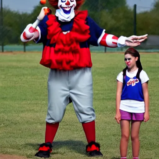 Image similar to Pennywise the clown coaching a girls' little league team.