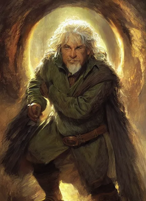 Image similar to a portrait painting of a hobbit wizard, ultra detailed fantasy, dndbeyond, dnd character portrait, full body, pathfinder, pinterest, art by ralph horsley, karol bak, ed binkley