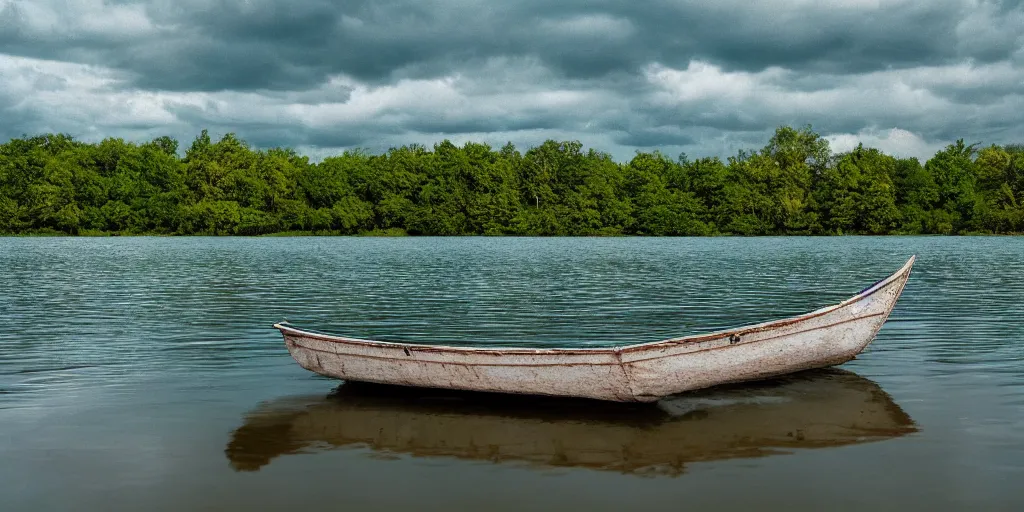 Image similar to photo of small row boat on a lake, landscape, beautiful, elegant, award winning photograph, highly detailed, high resolution photo, trending on artstation,