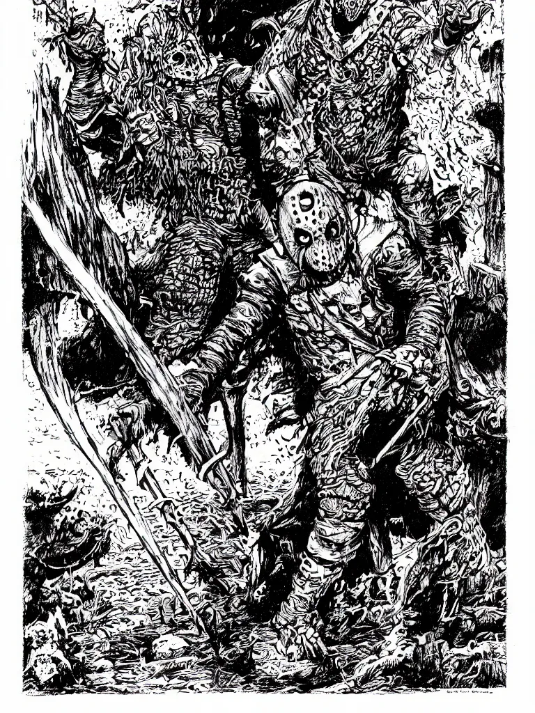 Image similar to Jason Voorhees as a D&D monster, pen-and-ink illustration, etching, by Russ Nicholson, DAvid A Trampier, larry elmore, 1981, HQ scan, intricate details, high contrast