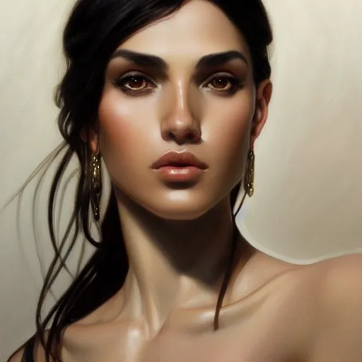 Image similar to Portrait of a Greek Supermodel, olive skin, long dark hair, beautiful bone structure, intricate, elegant, highly detailed, digital painting, artstation, concept art, smooth, sharp focus, illustration, art by artgerm and greg rutkowski and alphonse mucha