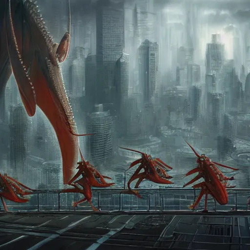 Prompt: a kaiju praying mantis attacking Tokyo, concept art, matte painting, 4k , clean post process, film still, style by raphael lacoste, eddie mendoza, alex ross