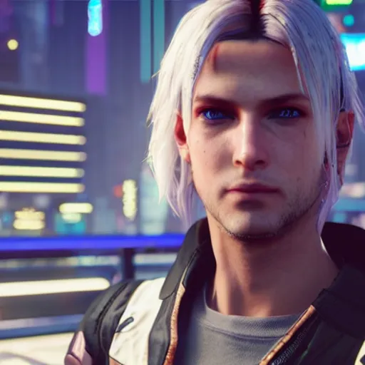 Image similar to an in-game screenshot of blonde hair blue eyed cute anime boy in Cyberpunk 2077