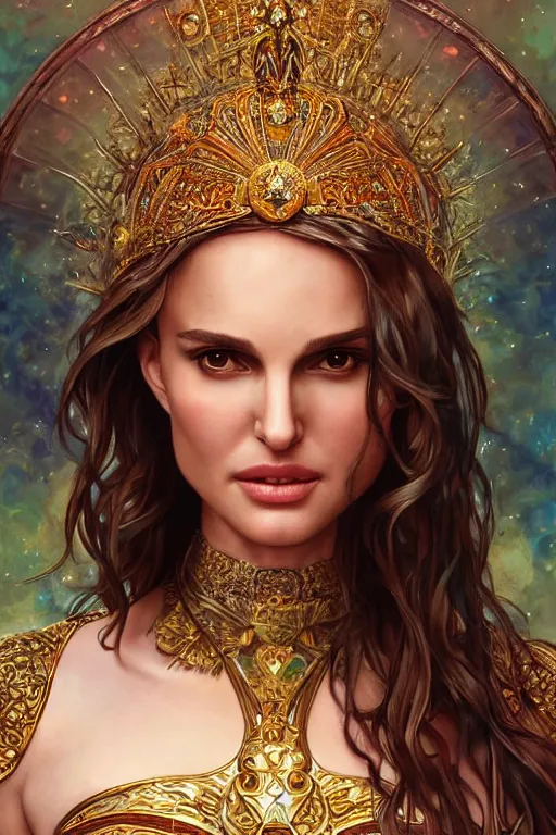 Prompt: Natalie Portman as a Goddess of the Universe, cute, fantasy, intricate, elegant, highly detailed, digital painting, 4k, HDR, concept art, smooth, sharp focus, illustration, art by artgerm and H R Giger and alphonse mucha