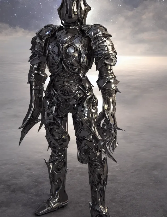 Image similar to full body shot, digital realistic 3 d rendering of a futuristic high tech fused with medieval armor spacepunk intricate armor holy paladin with light powers and intricate head armor, highly detailed, 4 k, hdr, smooth, sharp focus, high resolution, award - winning photo., corona render, substance painter hyper detailed armor. trending on art statation