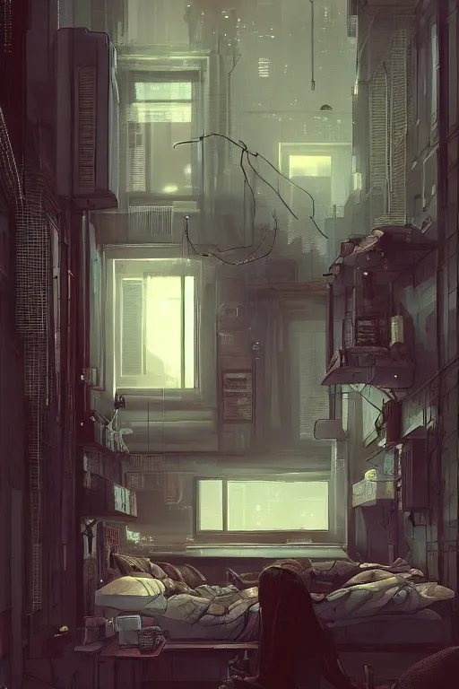 Prompt: apartment bedroom, by wlop. artstation contest winner. trending on artsation. cyberpunk. intricate detailed. night time