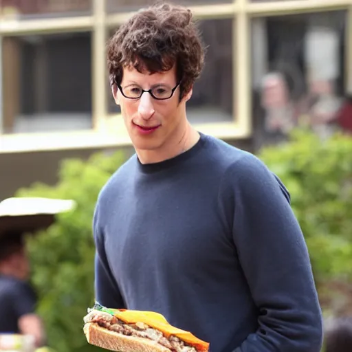 Image similar to andy samberg eating a sandwich