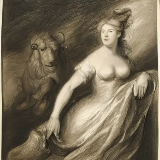 Image similar to unified by joshua reynolds, by willem de kooning depth of field, flash photography. a beautiful drawing of a woman with long flowing hair, wild animals, & a dark, starry night sky.