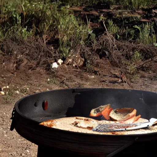 Prompt: old bearded cooking barbeque on the surface if the moon with the earth visible in the background