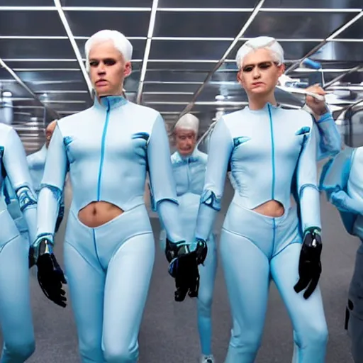 Prompt: troop of identical athletic humans with white hair wearing tight light blue latex suits, in formation, futuristic chemistry lab, sci - fi, highly detailed, hyperrealistic