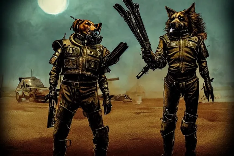 Image similar to a good ol'hound dog fursona ( from the furry fandom ), heavily armed and armored facing down armageddon in a dark and gritty version from the makers of mad max : fury road. witness me.