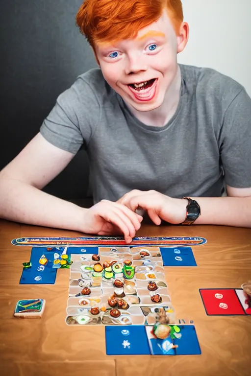 Image similar to 3 / 4 body photo of a young ginger men with disgusting! teeth, playing a boardgame, nerdy appearance, smooth, sharp, 8 5 mm, f / 1. 3