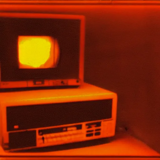 Prompt: low fidelity, low quality grainy image of a bright crt in a cluttered, claustrophobic orange room. the walls are closing in, the window to the digital soul stares intently. skeletons, tornados, sewers, computational prowess