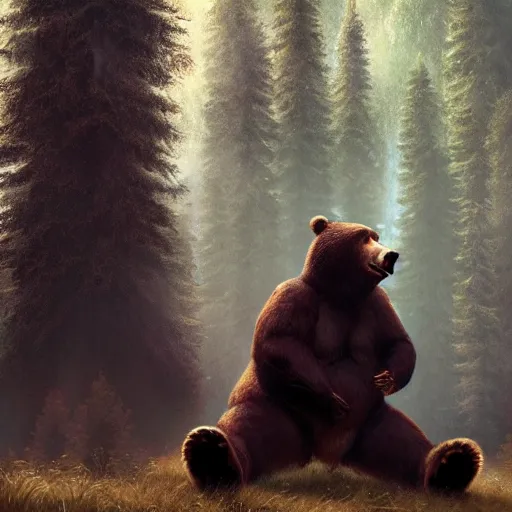 Prompt: a giant humanoid bear singing on a stage in a forest, digital art, detailed face, highly detailed, calm, deviantart, art by greg rutkowski, artstation, natural lighting, dramatic