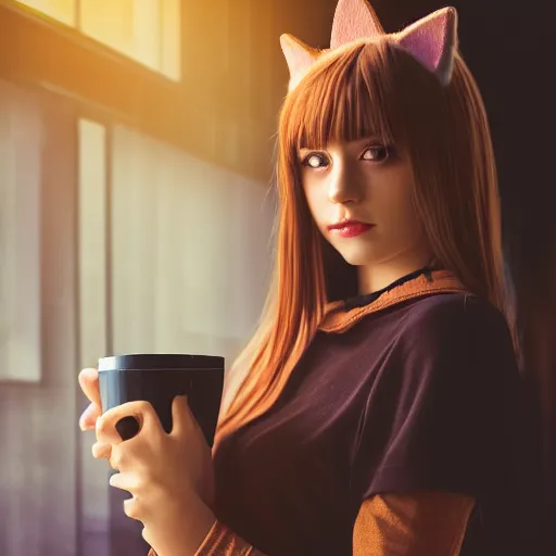 Prompt: a portrait of a girl with cat ear drinking coffee , fantasy, anime , madhouse production, HDR, natural light, shoulder level shot, dynamic pose, award winning photograph, Mucha style 4k,