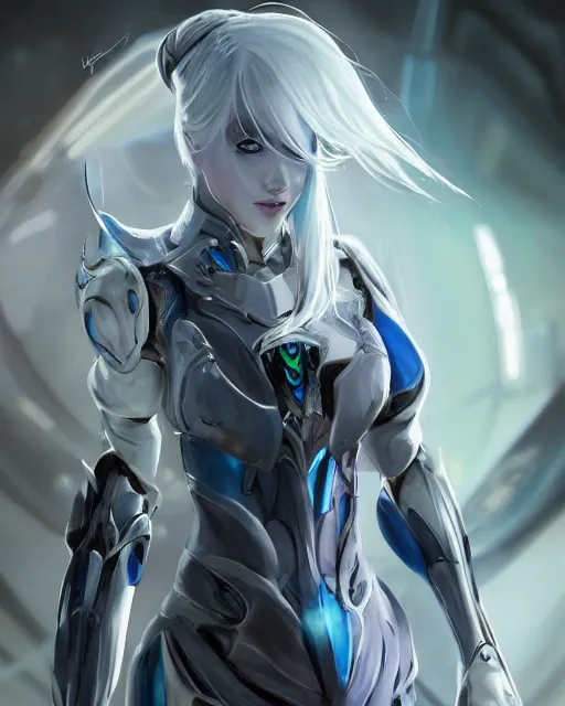 Image similar to perfect white haired girl, warframe armor, beautiful, dreamy, pretty face, blue cyborg eyes, portrait, detailed, bright light, scifi, elegant, utopian architecture in the background, laboratory, 4 k, ultra realistic, aura of light, cinematic, highly detailed, intricate, masterpiece, art by akihito tsukushi, akasuki brightmind