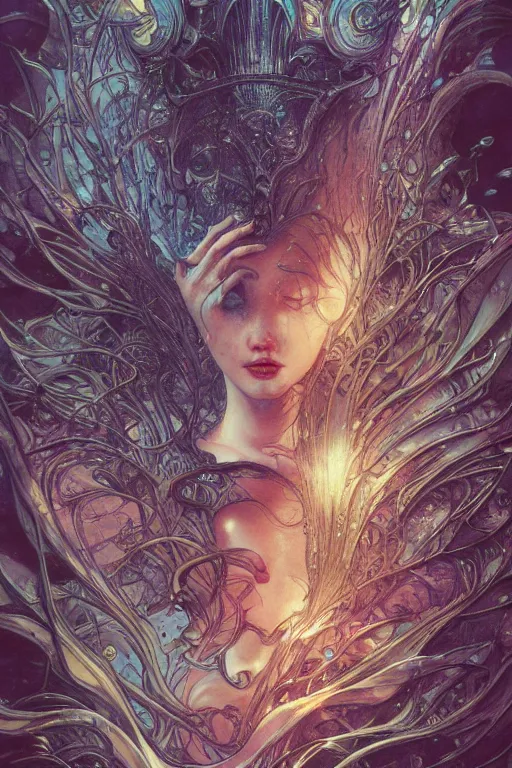 Image similar to swimming through time, by artgerm and yoshitaka amano and moebius and hr giger and zdislaw beksinski and alphonse mucha, hyperdetailed, glamour, surreal, dc comics, ornate, nebula, explosions in the sky, trending on artstation