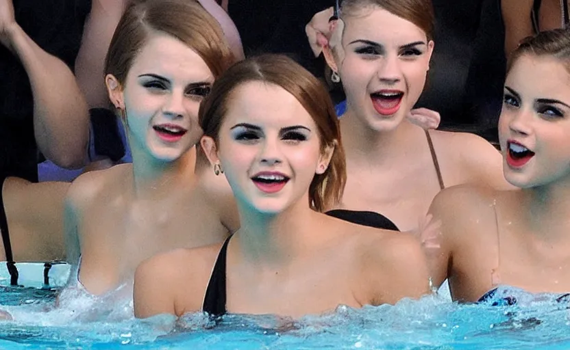 Image similar to emma watson and taylor swift and selena gomez swim together. perfect faces.