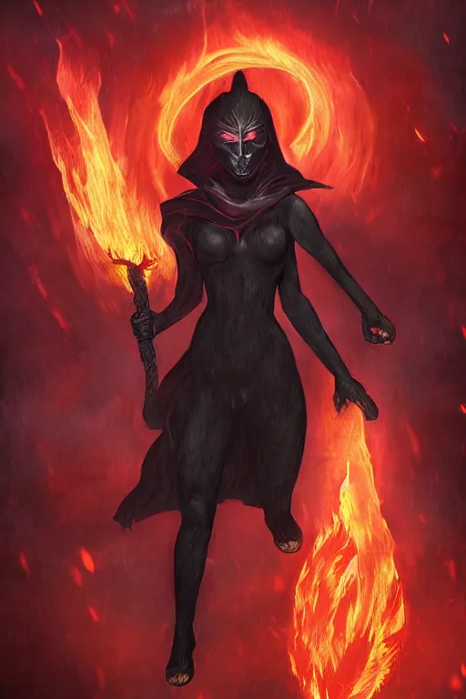 Image similar to Female fire elemental made of black flames wearing a strict business suit, with no face by Annie Swynnerton and Nicholas Roerich, madness combat, strong dramatic cinematic lighting , blood red sky, grey skin, smooth, sharp focus, extremely detailed