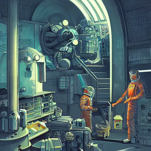 Prompt: space merchant in their shop, Industrial Scifi, detailed illustration, Chiaroscuro, character design, by Martin Grip and Moebius