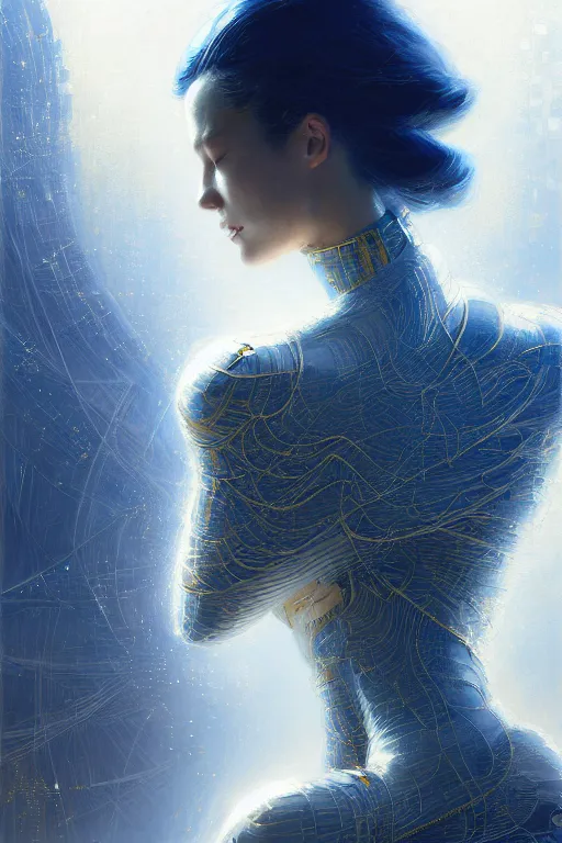 Prompt: detailed portrait glam cyber noun, attractive feminine curves, intricate, scifi, futuristic, elegant cape, elegant, alien room background, white, blue, gold, photorealism, intricate line drawings, by craig mullins, ruan jia, kentaro miura, greg rutkowski, loundraw