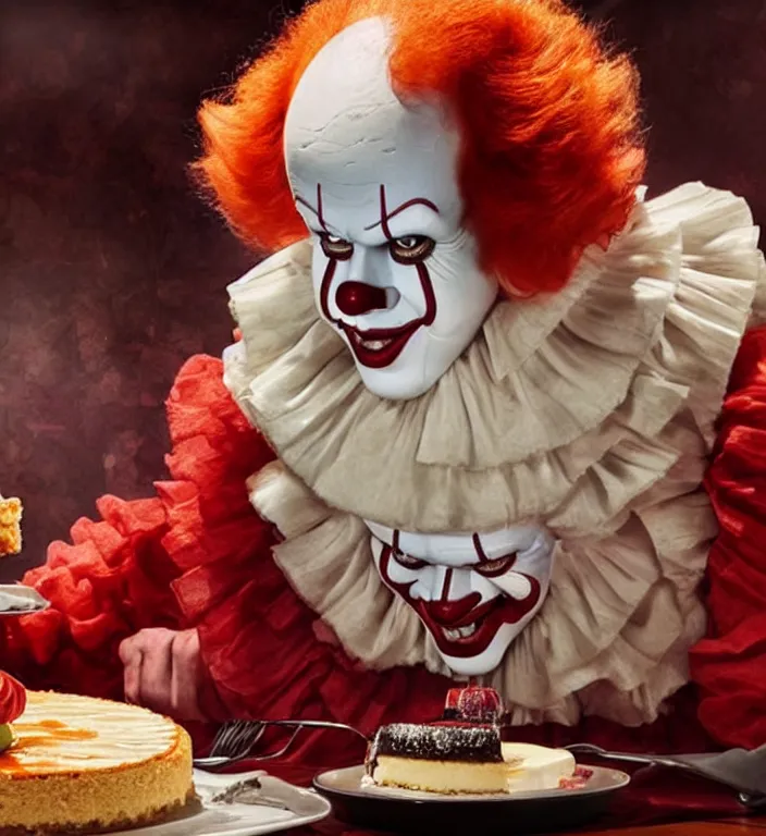 Image similar to pennywise the clown eating a whole cheesecake at applebee's restaurant, hyper realistic, photograph, high definition, wow, real, 4 k