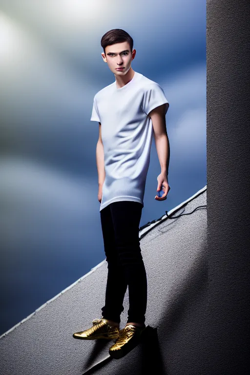 Image similar to un ultra high definition studio quality photographic art portrait of a young man standing on the rooftop of a british apartment building wearing soft padded silver pearlescent clothing. three point light. extremely detailed. golden ratio, ray tracing, volumetric light, shallow depth of field. set dressed.