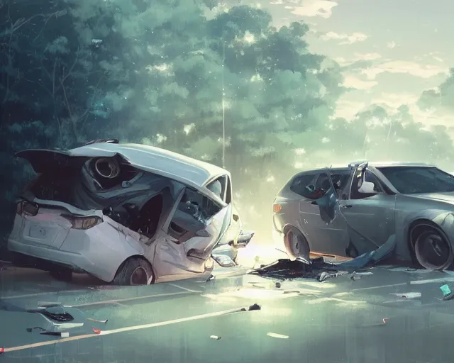 Prompt: a brunnete girl with blue eyes and puffy cheeks lying in a car accident, ambulances around the scene, anime art, Greg Rutkowski, studio ghibli, dramatic lighting