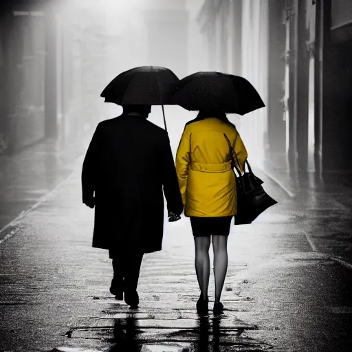 Prompt: A dramatic portrait of a couple wearing yellow rain coat , holding red umbrella , walking in a black and white street . Cinematic lighting