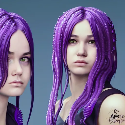 Image similar to artstation young teen with purple eyes and tentacles on her head, furious, very detailed, portrait, high contrast, unreal engine 5