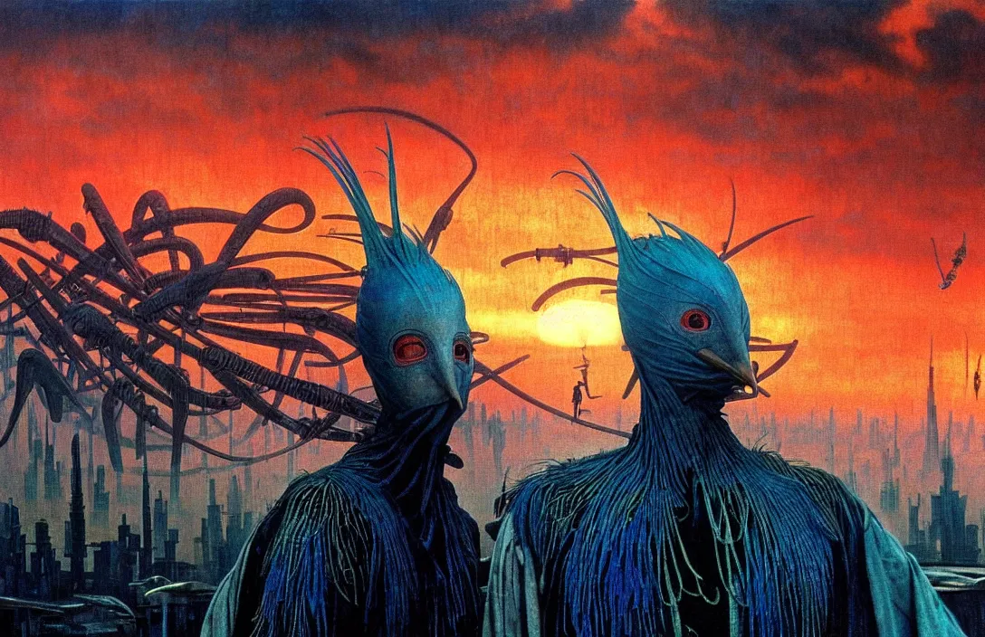 Image similar to realistic detailed portrait movie shot of a birdman wearing dark ragged robes, futuristic city sunset landscape background by denis villeneuve, amano, yves tanguy, alphonse mucha, ernst haeckel, max ernst, roger dean, ridley scott, dynamic closeup composition, rich moody colours, blue eyes